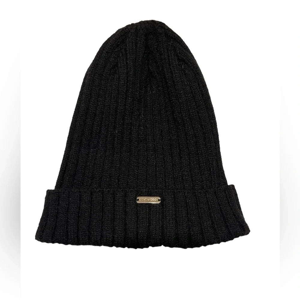 Steve Madden Black Ribbed Toboggan Beanie Hat with Logo